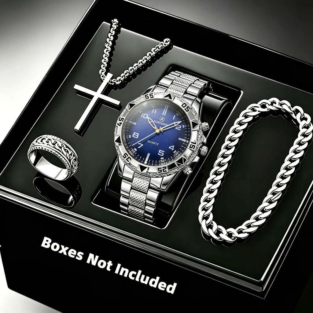 Ensemble Montre Homme 4 pièces – Montre à quartz, collier croix, bracelet et bague