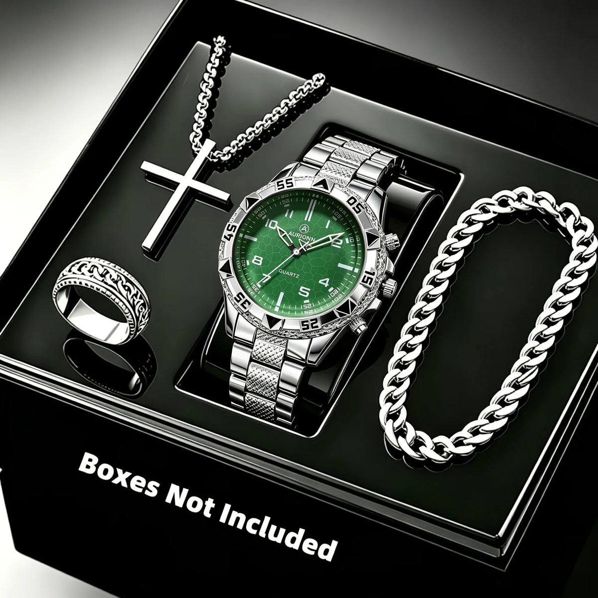 Ensemble Montre Homme 4 pièces – Montre à quartz, collier croix, bracelet et bague